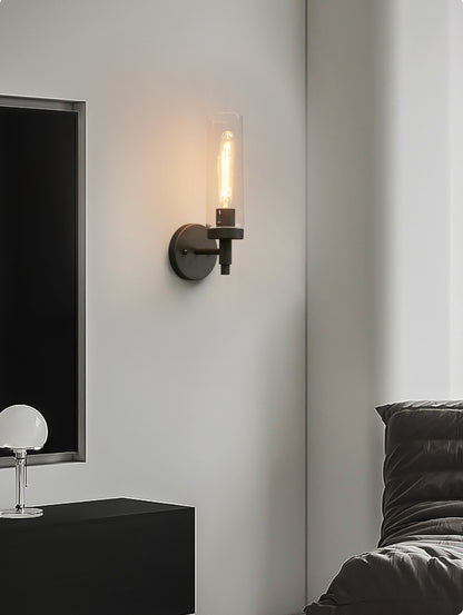 Rustic Industrial Wall Sconce Light with Tubular Clear Glass Lampshade (Black)